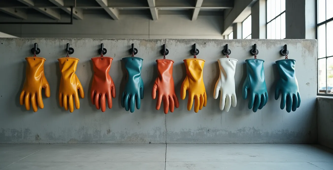 Vue large d'un atelier industriel épuré avec rangée de gants de protection suspendus