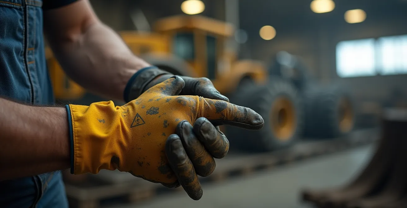 Main ouverte tenant un gant de protection avec pictogrammes visibles en arrière-plan flou