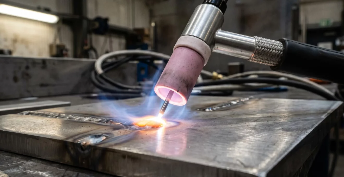 Buse de torche TIG en action avec flux de gaz de protection visible autour de la zone de soudure sur métal