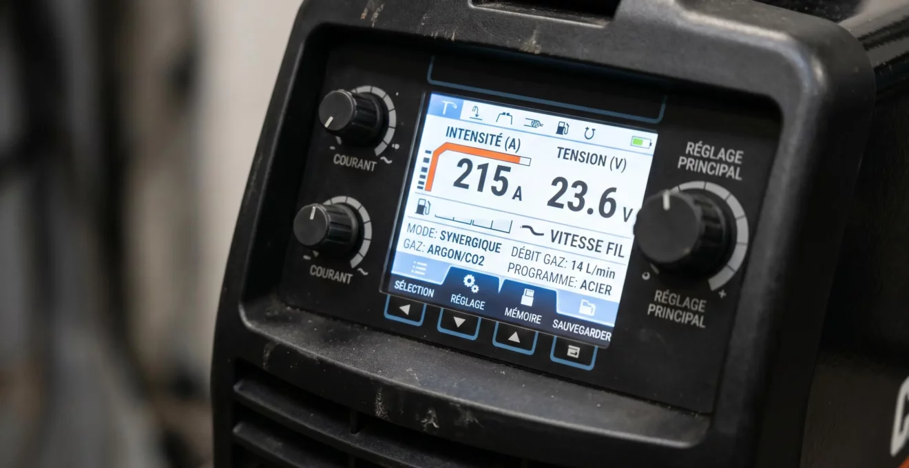 Écran de contrôle numérique d'un poste à souder professionnel affichant intensité, tension et débit de gaz avec interface en français