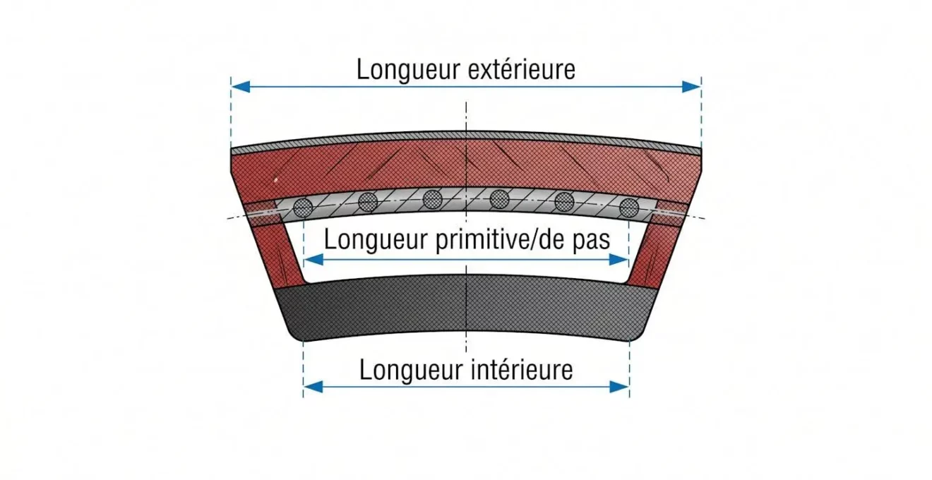 Schéma illustrant la différence entre longueur primitive, longueur extérieure et longueur intérieure d'une courroie trapézoïdale en coupe transversale