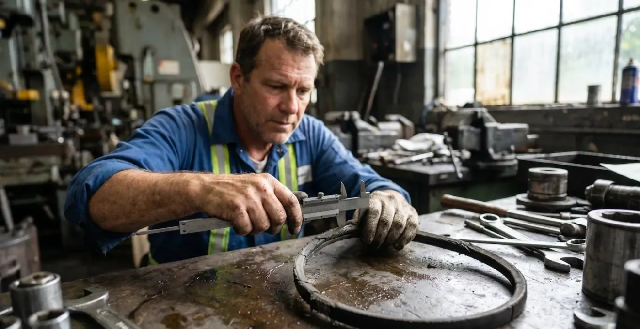 Technicien de maintenance mesurant une courroie trapézoïdale usagée avec un pied à coulisse dans un atelier industriel