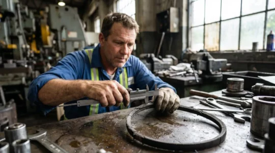 Technicien de maintenance mesurant une courroie trapézoïdale usagée avec un pied à coulisse dans un atelier industriel